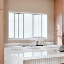 Janela de Aço de Correr Central 4 Folhas com Grade Quadrada e Fecho Embutido