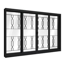 Janela de Aço de Correr Central com Grade Mosaico 4 Folhas 100x120cm Aço Pronto Riobras