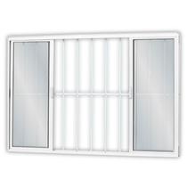 Janela de Alumínio de Correr 120x150cm 4 Folhas 2 Fixas com Grade e Vidro Liso Linha Soft MGM Branco
