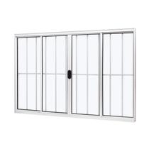 Janela de Alumínio de Correr Central 100x120cm 4 Folhas com Grade e Vidro Liso Slim Modular Ramassol Branco