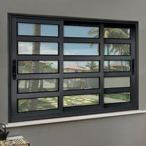 Janela Elite com Travessas 3 Folhas Moveis Sequenciais 120 X 150 Vidro Liso Preto