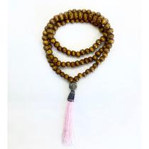 Japamala Ho Oponopono 108 Contas em Madeira e Cristal Pompom Rosa 8MM