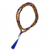 Japamala Zen Budista 108 Contas em Madeira e Cristal Pompom com Olho Grego Azul 8MM