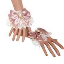 Japonês Doce Lolita Punhos de Mão Dupla Camada Floral Renda Bowknot Pulseira Pulseira Imitação Pearl Chain Jewely Maid Tea Party Cosplay Mangas de Mão - Cinza Rosa Pálido