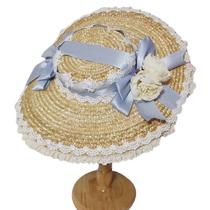 Japonesa Lolita Doce Palha Artesanal Chapéu de Sol Lace Patchwork Ribbon Bandage Bowknot Wide Brim Elegant Tea Party Beach Flat Cap Bonnet - Azul