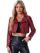 Jaqueta Allegra K de material sintético Moto Cropped Zipper Burgundy