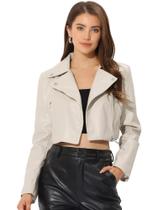 Jaqueta Allegra K de material sintético Moto Cropped Zipper Up Bege