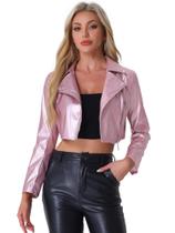 Jaqueta Allegra K Faux Leather Moto Cropped Pink para mulheres