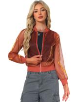 Jaqueta Allegra K Glitter Mesh Bomber para mulheres laranja tamanho S Jaqueta Allegra K Glitter Mesh Bomber para mulheres laranja tamanho S