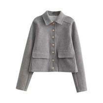 Jaqueta Aviador Feminina Preta Em Mistura De Lã, Estilo Cropped, Para Outono E Inverno Jaqueta Aviador Feminina Preta Em Mistura De Lã, Estilo Cropped, Para Outono E Inverno