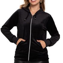 Jaqueta Blusa Feminina Casaco Plush com Capuz Ziper e Bolso