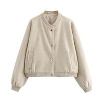 Jaqueta Bomber Cropped De Tweed Bege E Preto Para Mulheres, Casaco Curto De Manga Longa, Moda MUJER