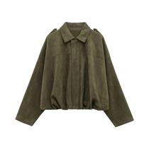 Jaqueta Bomber Feminina De Camurça Manga Longa Com Zíper, Caimento Solto, Casual, Cropped, Casaco Jaqueta Bomber Feminina De Camurça Manga Longa Com Zíper, Caimento Solto, Casual, Cropped, Casaco