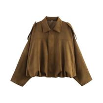 Jaqueta Bomber Feminina De Camurça Manga Longa Com Zíper E Gola Lapela Cropped Estilo Racing High