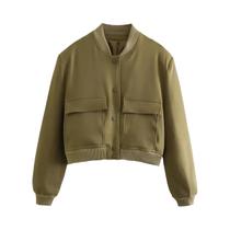 Jaqueta Bomber Feminina De Manga Longa Com Decote Em V, Casaco De Cor Sólida Com Bolsos, Look