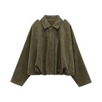 Jaqueta Bomber Feminina Oversize De Camurça Cropped Com Zíper E Manga Longa Para Meia Estação Jaqueta Bomber Feminina Oversize De Camurça Cropped Com Zíper E Manga Longa Para Meia Estação