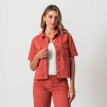 Jaqueta Camisa Cropped Jeans Color Manga Curta Laranja Sépia