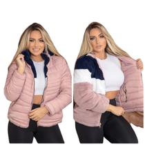 Jaqueta Casaco Blusa 2 Em 1 Dupla Face Puffer Peluciado C/ Capuz