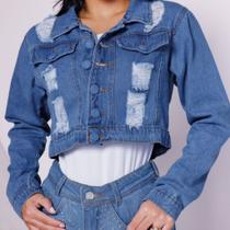 Jaqueta Casaco Jeans Feminina Destroyed Estilo Cropped Lavagem Clara com Botões Linha Premium - alik jeans