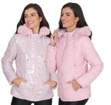Jaqueta Casaco Metalizada Dupla Face Puffer Feminina Nylon Capuz
