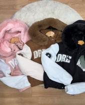 Jaqueta College Feminina Rosa Capuz Peluciado Bordado DREAMS Estilo Tumblr Inverno