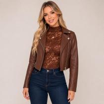 Jaqueta Couro Cropped Montaria Feminina Estilosa Zíper e Gola Lapela