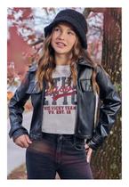 Jaqueta Couro Preto com Bolsos Menina Teen Vic Vicky