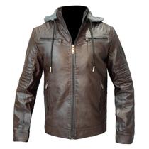 Jaqueta Couro PU Masculino Forrada Pelo Capuz Moletom Casaco Jaqueta Couro PU Masculino Forrada Pelo Capuz Moletom Casaco