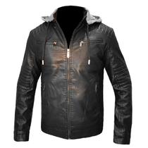 Jaqueta Couro PU Masculino Forrada Pelo Capuz Moletom Casaco Jaqueta Couro PU Masculino Forrada Pelo Capuz Moletom Casaco