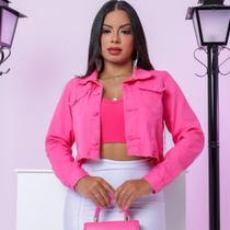 Jaqueta Crooped Jeans Barra Desfiada Botóes Encapados Rosa