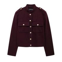 Jaqueta Cropped De Manga Longa Com Decote Redondo Vermelho Vinho Para Mulheres, Moda 2024, Estilosa