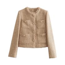 Jaqueta Cropped De Tweed Feminina Com Manga Longa, Casaco Elegante Para Outono E Inverno
