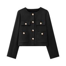 Jaqueta Cropped Feminina Chic Com Decote Redondo E Mangas Longas, Botões Dourados, Moda Para O Dia a Jaqueta Cropped Feminina Chic Com Decote Redondo E Mangas Longas, Botões Dourados, Moda Para O Dia a