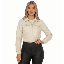 Jaqueta Cropped Feminina material sintético Bolsos Frontais Tamanho:PCor:Offwhite