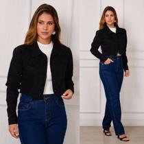 Jaqueta Cropped Jeans 100 Black Com Estilo Curto Premium de Botões Envelopados