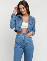 Jaqueta cropped jeans azul escuro
