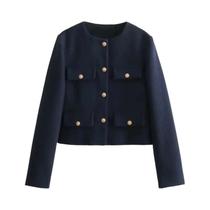 Jaqueta Cropped Vintage De Tweed Para Mulheres, Manga Longa, Elegante, Com Botões, Casaco Curto