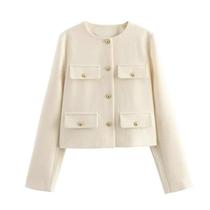 Jaqueta Cropped Vintage De Tweed Para Mulheres, Manga Longa, Elegante, Com Botões, Casaco Curto