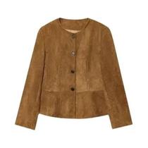 Jaqueta Curta De Suede Feminina Com Manga Longa, Decote Redondo E Botões, Moda Casual De Outono E