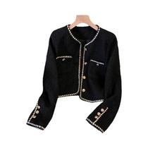 Jaqueta Curta De Tweed Preto Para Mulheres, Blazer Vintage Acolchoado De Inverno, Elegante E Grosso,