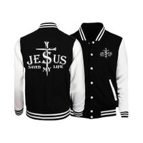 Jaqueta De Beisebol Estilo Preppy Masculina Com Gráfico De Letras 'Jesus Saved My Life' S-5XL Casual
