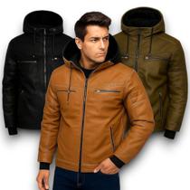 Jaqueta De Couro Com Capuz Casaco Slim Forrado material sintético Peluciada Masculina qualidade top lançamento