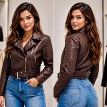 Jaqueta De Couro Feminina Estonada Biker Zíper Diagonal Slim Fit Blusa De Frio Feminina