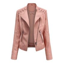 Jaqueta de couro feminina PU, casaco rosa com bolsos e zíperes - Generic