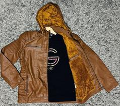 Jaqueta de Couro Masculina Preta Inverno Elegante com Zíper, pelúcia por dentro e com capuz removível Jaqueta de Couro Masculina Preta Inverno Elegante com Zíper, pelúcia por dentro e com capuz removível
