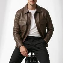 Jaqueta de Couro Masculina PU com Bolsos Casual Elegante Premium Moda Inverno com Botão streetwear O