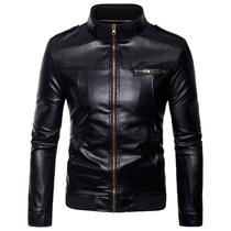 Jaqueta de Couro Masculina Slim com Gola Alta
