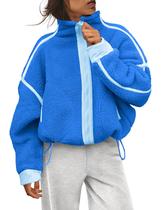 Jaqueta de lã Kumufenc Winter Sherpa Zip Up azul para mulheres Jaqueta de lã Kumufenc Winter Sherpa Zip Up azul para mulheres