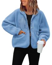 Jaqueta de lã ReachMe Cropped Sherpa Button Haze Blue para mulheres