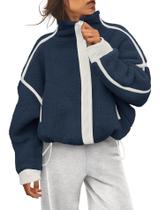 Jaqueta de lã Ziqoty feminina com zíper Sherpa Winter azul marinho